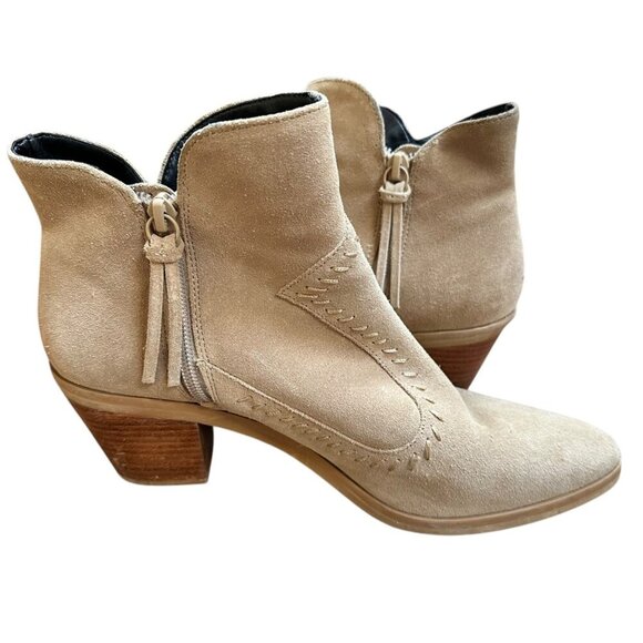 Rebecca Minkoff Tan Suede Heeled Western Ankle Boots Side Zip Boho Neutral 8.5 - Picture 5 of 11